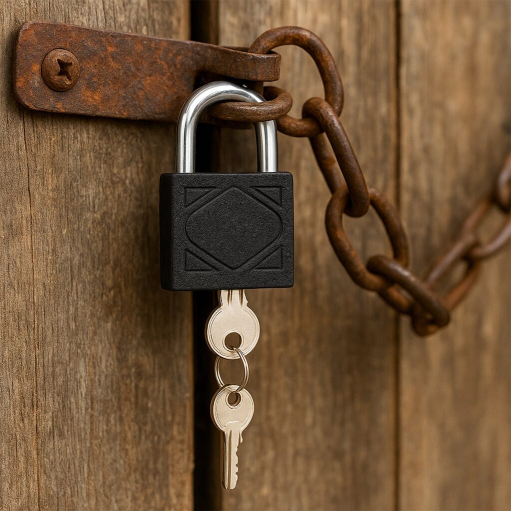 Black iron padlock with brass core for security