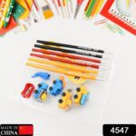 Pencil and Eraser Set, Construction Truck Theme Stationery Kit Includes 6 Pencils, 4 Erasers, 1 Sharpener, 1 Ruler Bo...