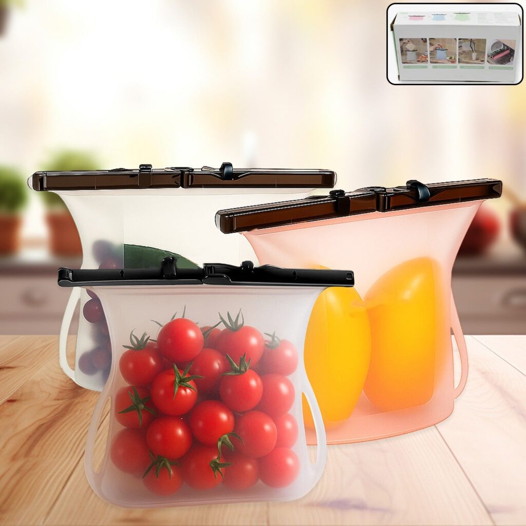 Reusable silicone food storage bags for snacks and freezer