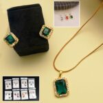 Stone Pendant Necklace Chain Set with Earrings (1 Set / Mix Color & Design) - Closeup Embroidery by Nari Haat, Indian...