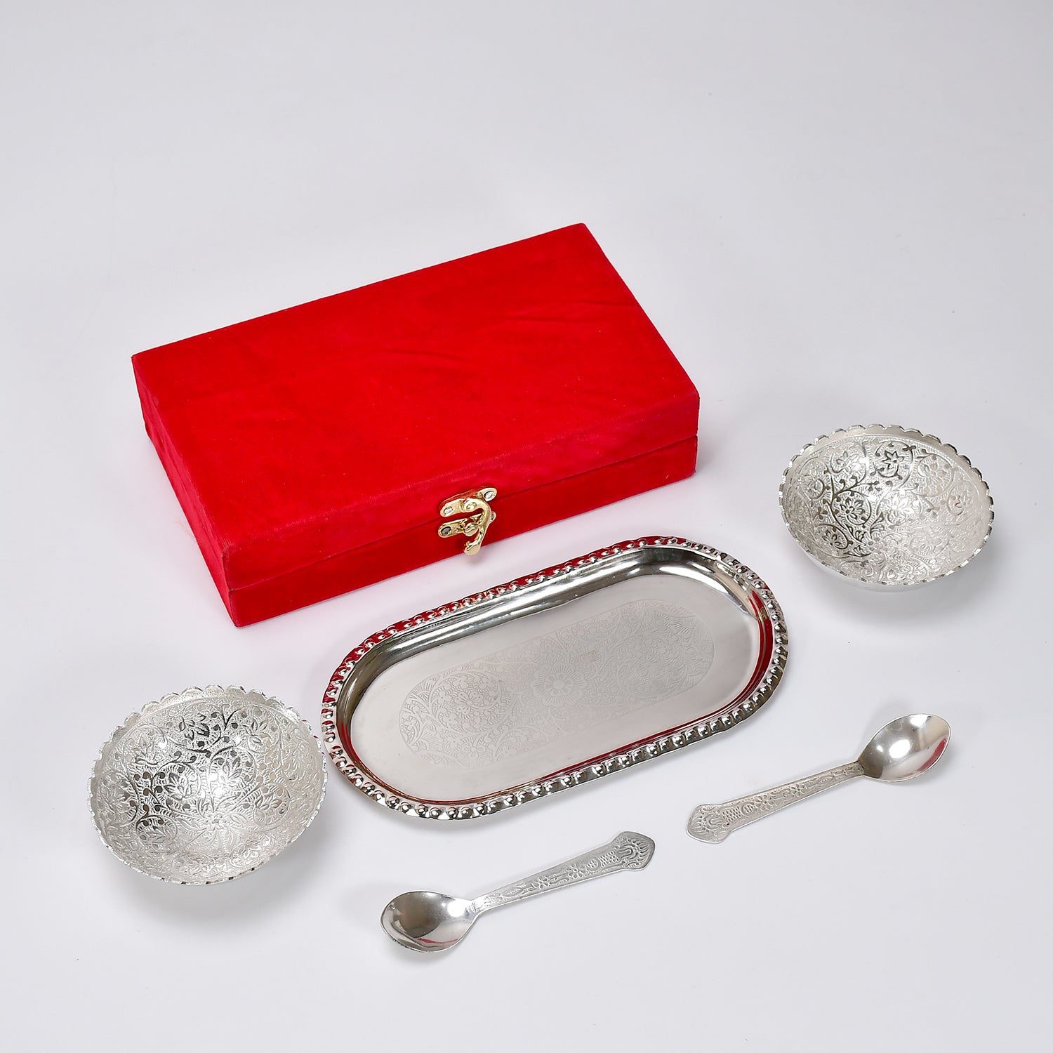Silver plated brass bowl and spoon set in a red velvet gift box
