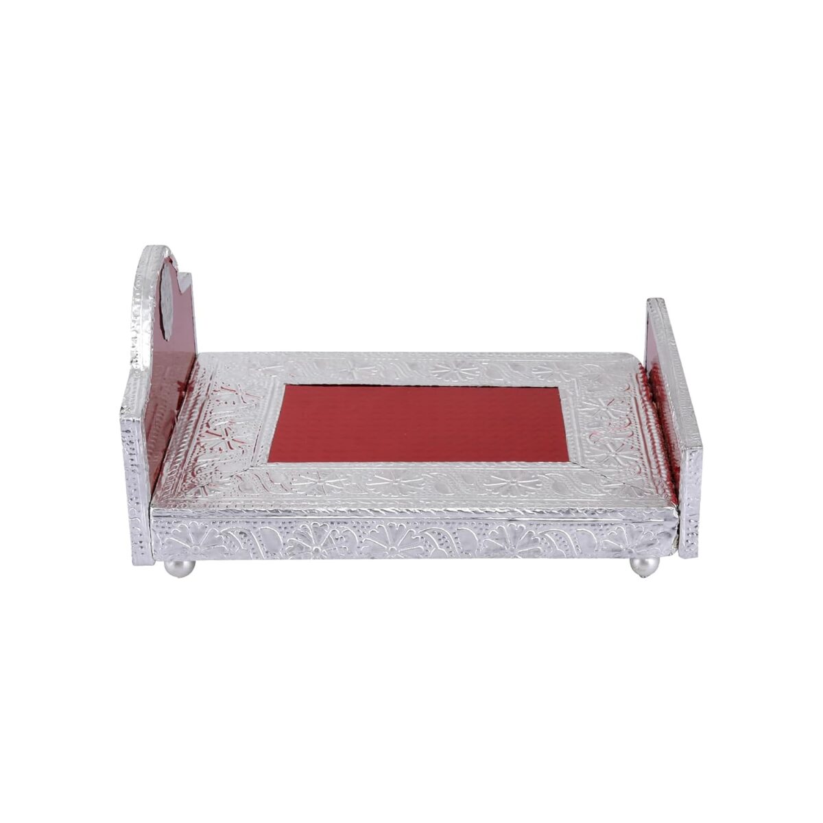 61Lpml6PjOL._SL1500_ Click Pujan Wooden Silver Palang for Krishna – Medium, Traditional Laddu Gopal Palang with Intricate Carvings - Image 4