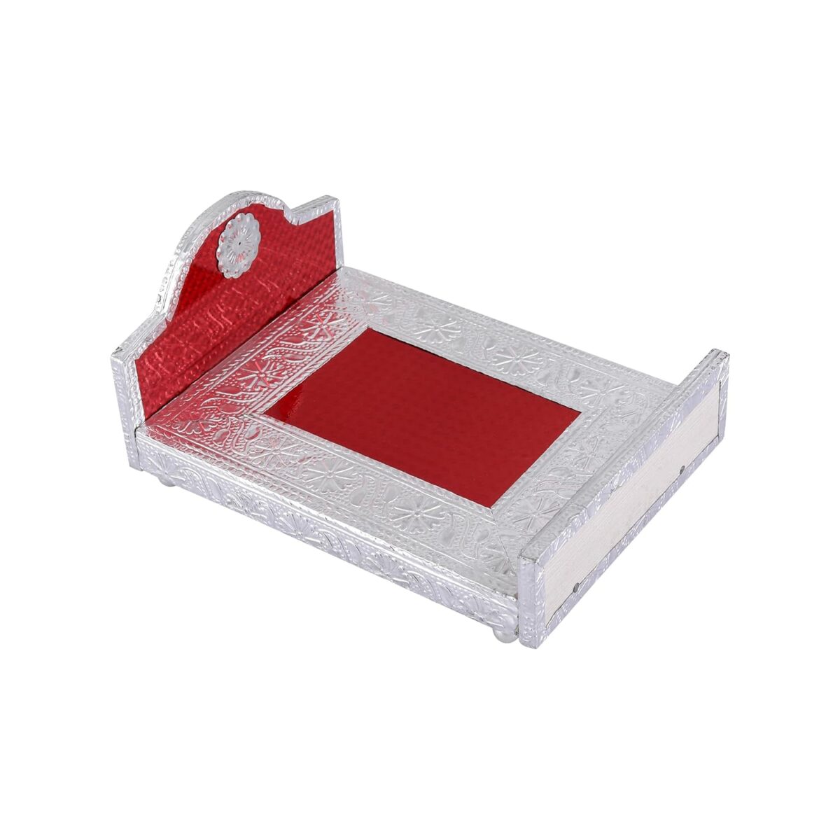 713fEtkF3AL._SL1500_ Click Pujan Wooden Silver Palang for Krishna – Medium, Traditional Laddu Gopal Palang with Intricate Carvings - Image 3