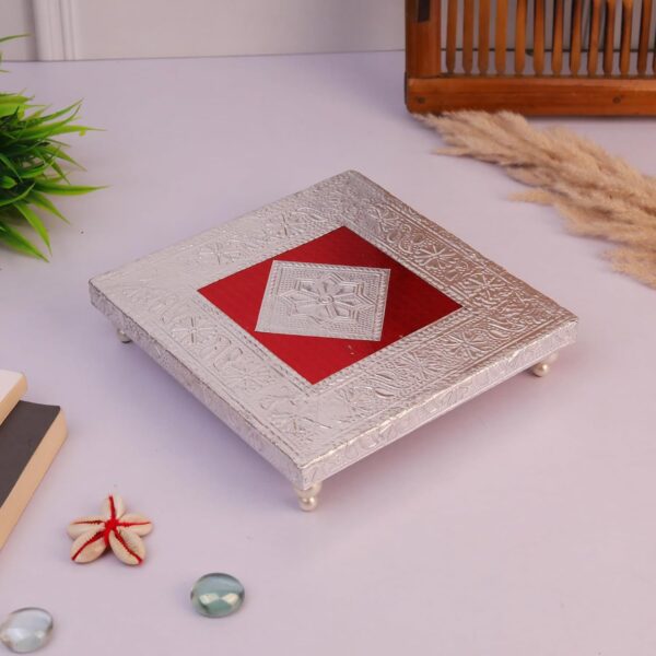 Click Pujan Wooden Silver Chowki - Medium | Handcrafted Puja Chowki for Mandir/Idols | Non-Slip Base