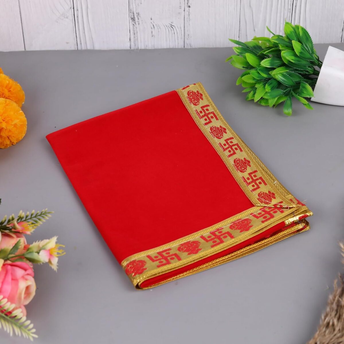 71qPKnb58qL._SL1500_ Click Pujan Red Cloth with Golden Border โ 1 Meter | Pooja Velvet Fabric | Ideal for Temple, Home Mandir | Religious Rituals & Festive Decoration - Image 2