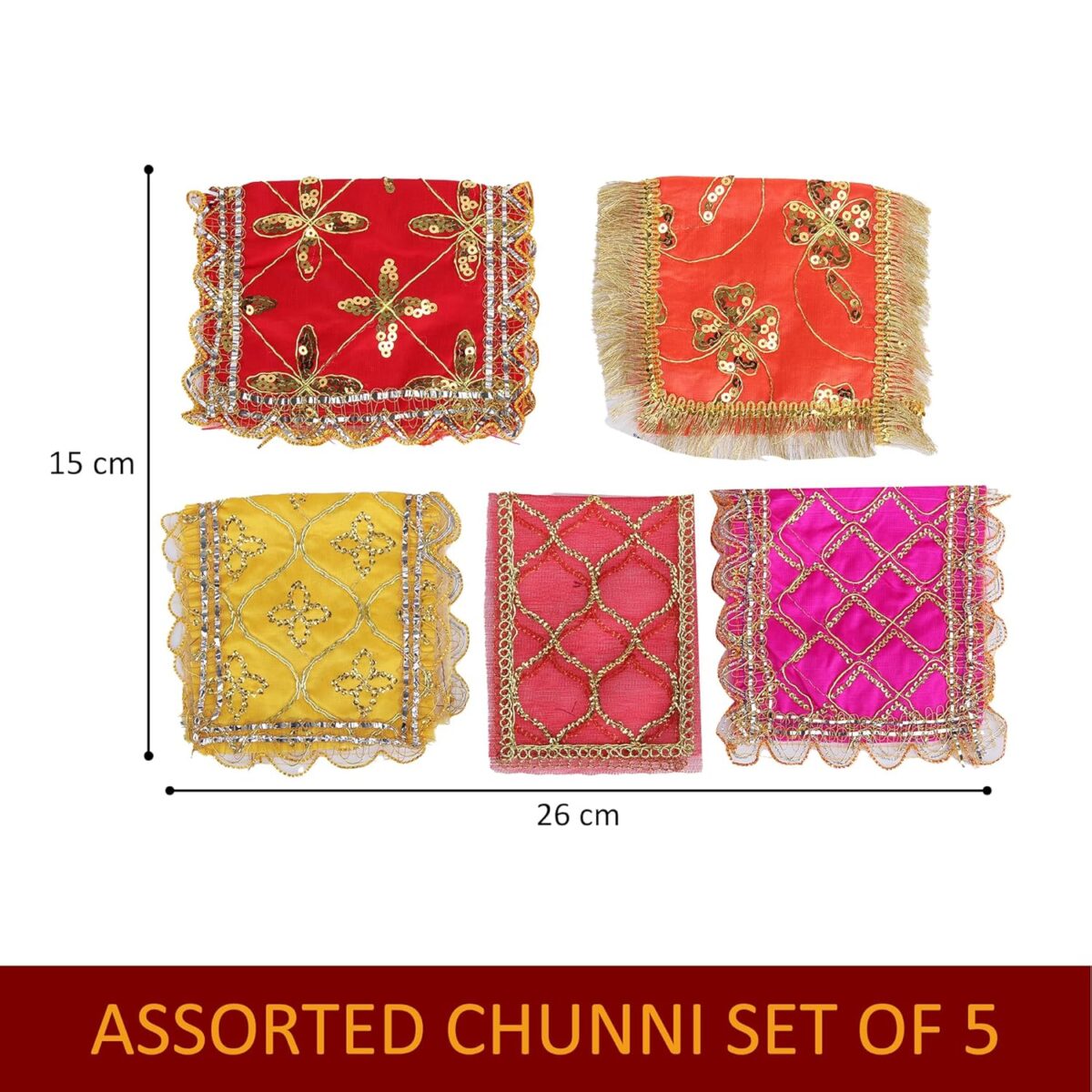 81SburkBC1L._SL1500_ Click Pujan Chunni | Small | Assorted (Set of 5) Sacred Pooja Chunri for Mandir, Mata Ki Chunri, Devi Maa Chunri with Heavy Embroidery & Golden Borders | Auspicious Chunari for Durga, Lakshmi, Saraswati - Image 3