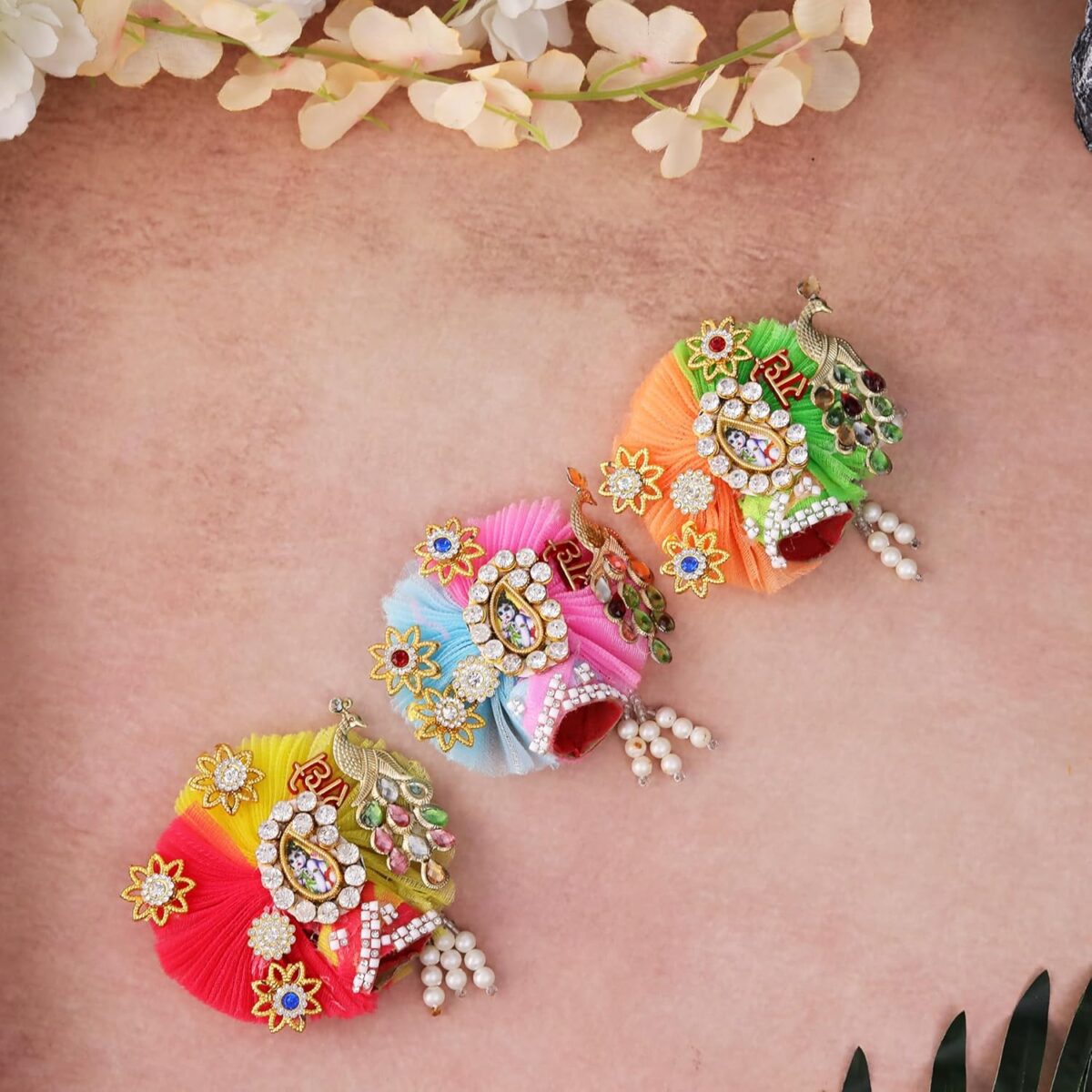 81gt-msclAL._SL1500_-1 Click Pujan Kanha Pagdi - 3 No Fancy Krishna Turban with Stone & Bead Work for Janmashtami & Pooja - Image 4