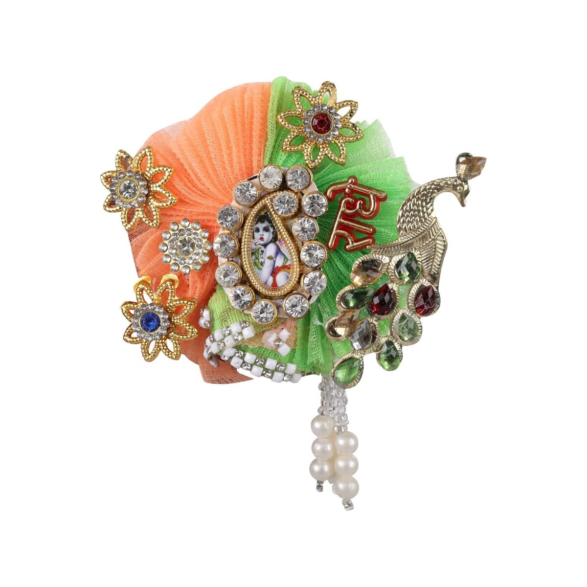 81kAeyQkCDL._SL1500_-1 Click Pujan Kanha Pagdi - 3 No Fancy Krishna Turban with Stone & Bead Work for Janmashtami & Pooja - Image 1