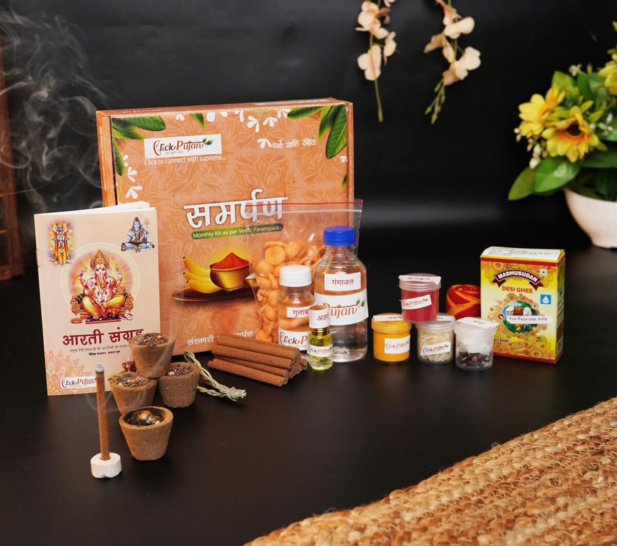 81swozT5uL._SL1500_ Click Pujan Samarpan - Monthly Puja Kit with Dhoop, Chandan, Gangajal & More | Divine Samagri Box - Image 1