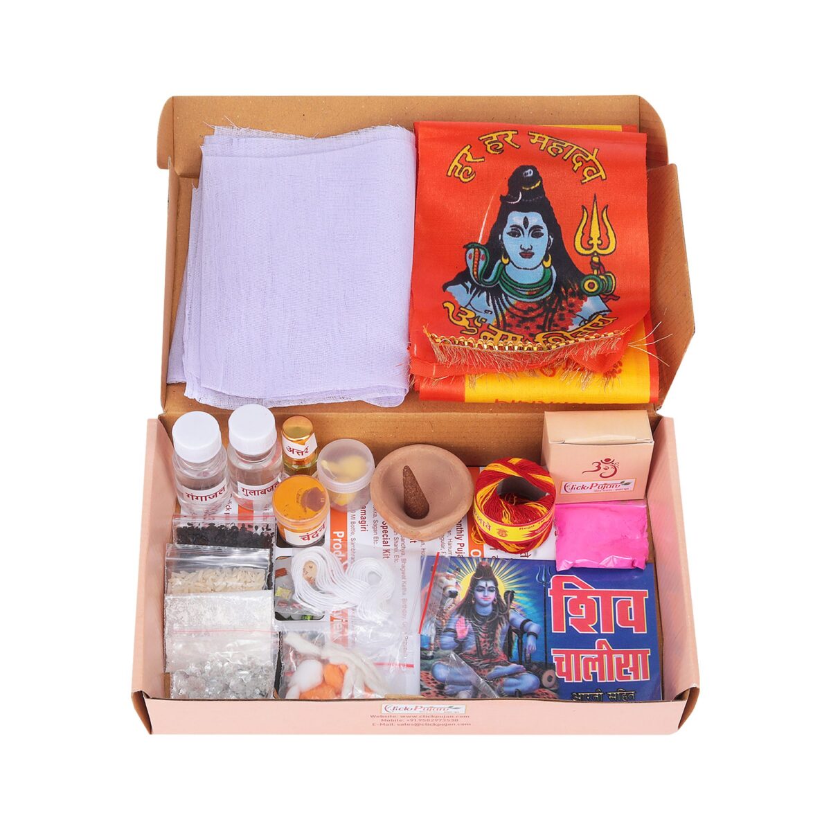 DTES8994 Click Pujan Som Shiv Puja Kit - Dhoop, Chandan, Gangajal, Rooi Batti, ATAR, Akshat | Devotional Samagri Box - Image 2
