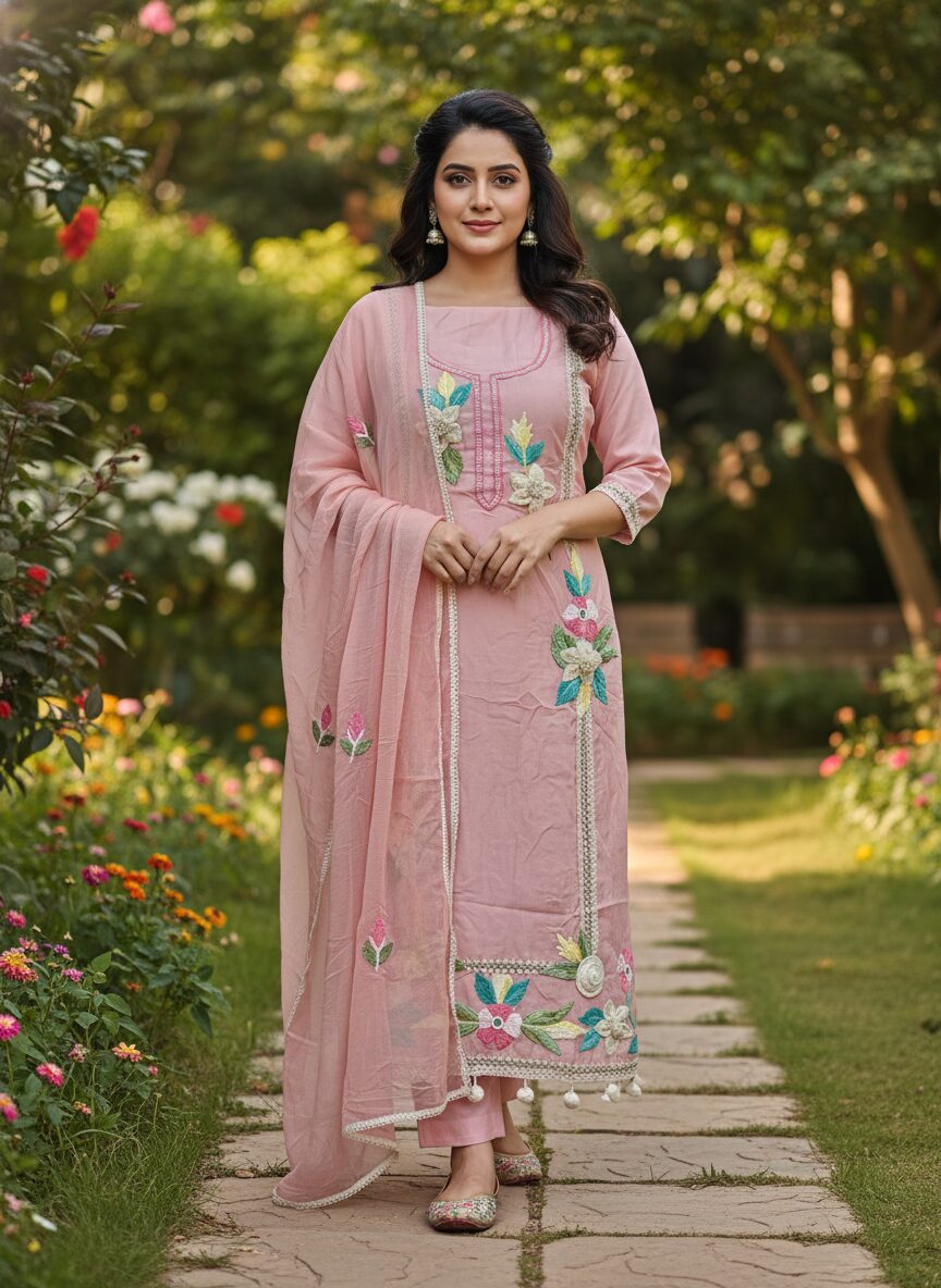 enhanced-image Sonika Signature Baby Pink Cotton Organza Suit with Heavy Jute & Embroidery Handwork Dupatta: Elegant Ethnic Wear for Festive Charm - Image 1
