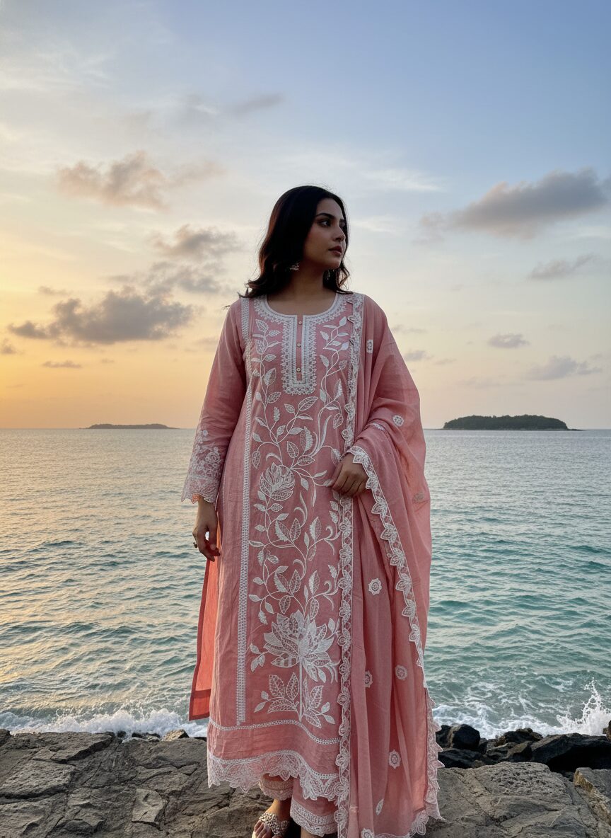 enhanced-image Designer Pink Thread & Lace Work Suit with Dupatta: Exquisite Ethnic Ensemble by Sonika Signature for Festive Glamour - Image 1