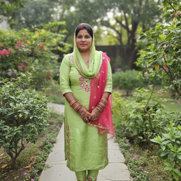 Cart Elegant Parrot Green Silk Suit with Hand Embroidery & Pink Dupatta: Luxurious Ethnic Wear by Sonika Signature for Festive Splendor