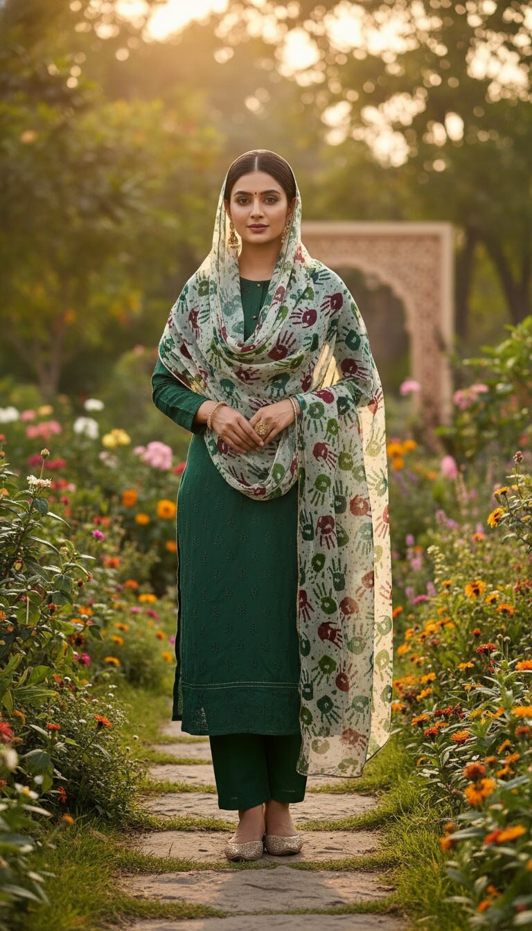enhanced-image Gogi Collection Green Silk Suit with Contrast Printed Pure Dupatta - Elegant & Stylish - Image 1