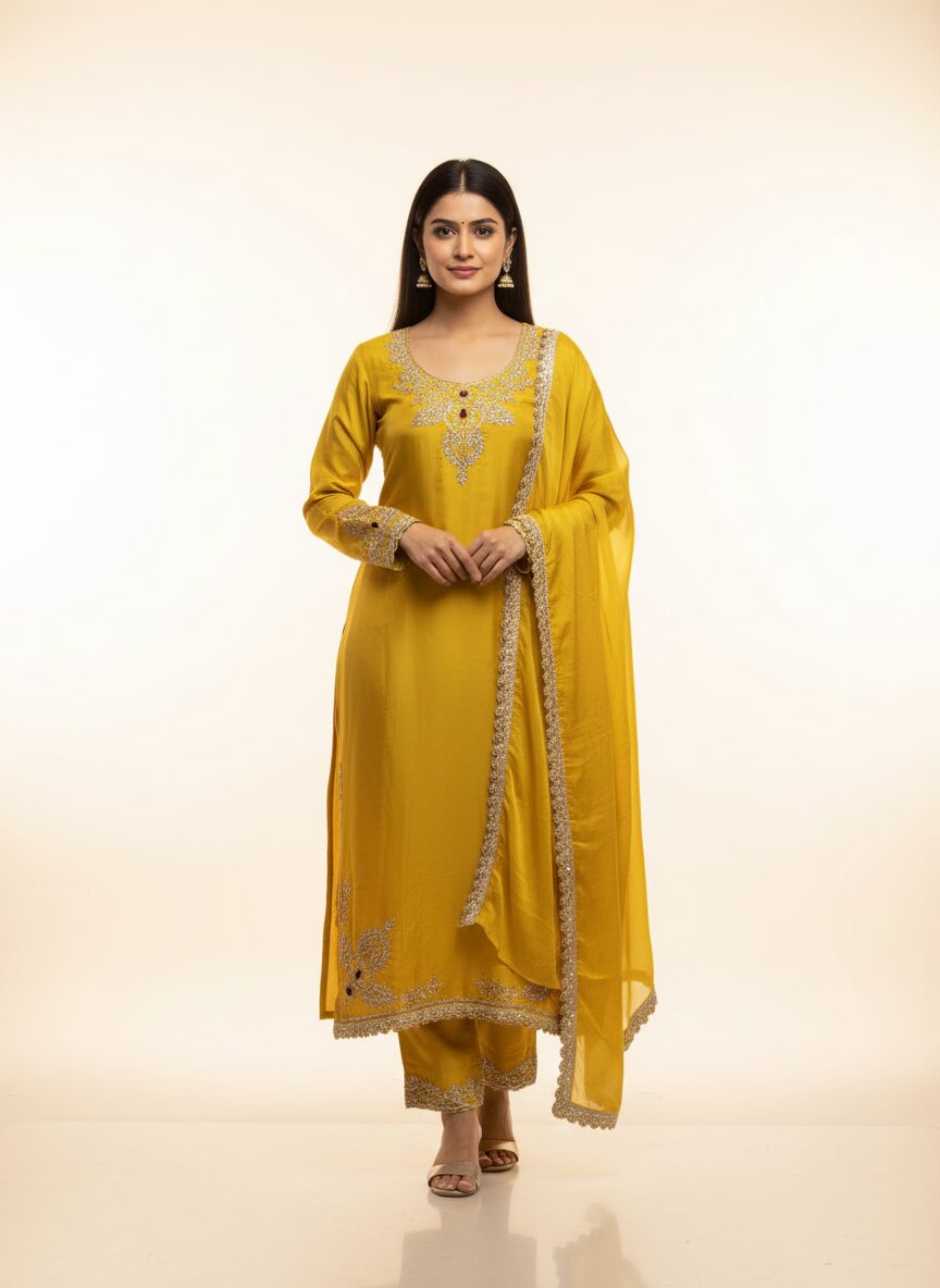 enhanced-image Luxurious Pure Silk Handwork Suit Set with Sequence & Katdana: Upada Silk Bottom & Chiffon Dupatta by Sonika Signature for Festive Opulence - Image 1