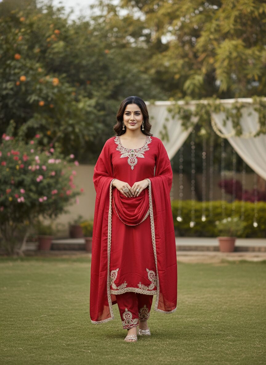 enhanced-image Pure Silk Festive Wear Suit with Raw Silk Bottom & Trending Dupatta: Luxurious Ethnic Ensemble by Sonika Signature for Celebration Style - Image 1