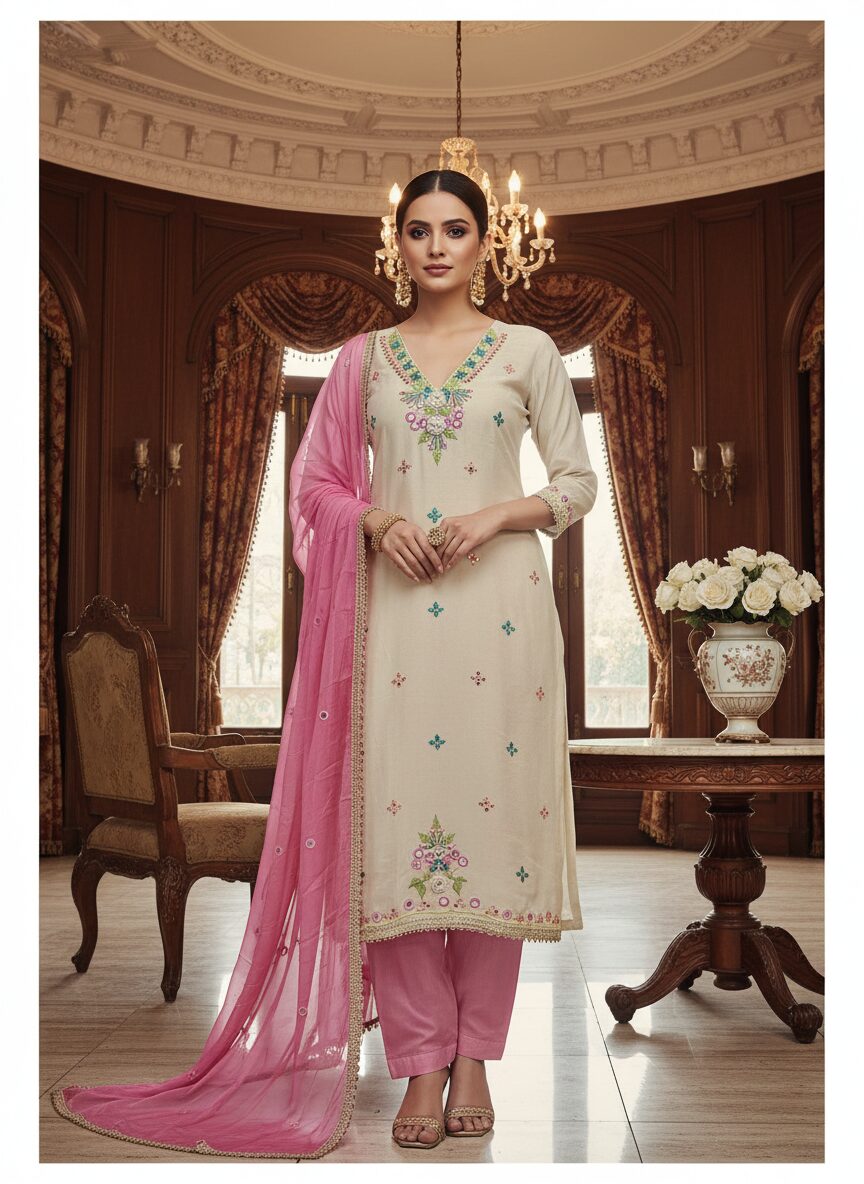 enhanced-image Pure Organza Silk Salwar Suit with Mirror & Thread Work: Designer Indian Ethnic Wear by Sonika Signature for Festive Glamour - Image 1