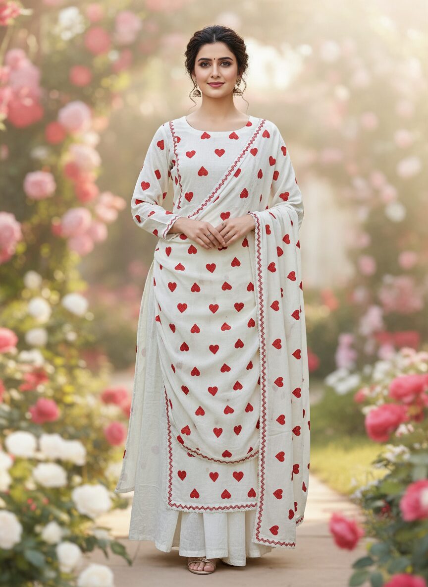 enhanced-image Sonika Signature White Khadi Cotton Suit with Red Heart Embroidery & Matching Dupatta: Rustic Ethnic Wear for Festive Simplicity - Image 1