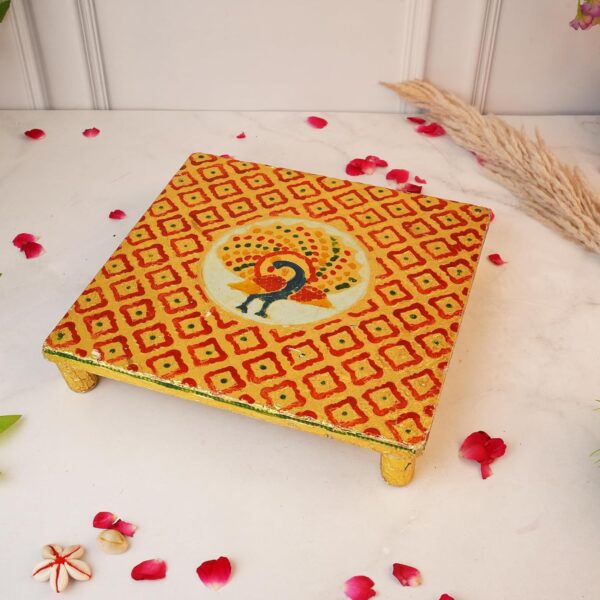 Click Pujan Wooden Golden Chowki - Medium | Handcrafted Puja Chowki for Mandir | Non-Slip Base