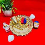 Click Pujan Krishna Sang Holi Thali | ‎Decorative Plates, Pichkari, Balti, Attar, Chandan, Gulal Bottles | Festive Puja & Decoration