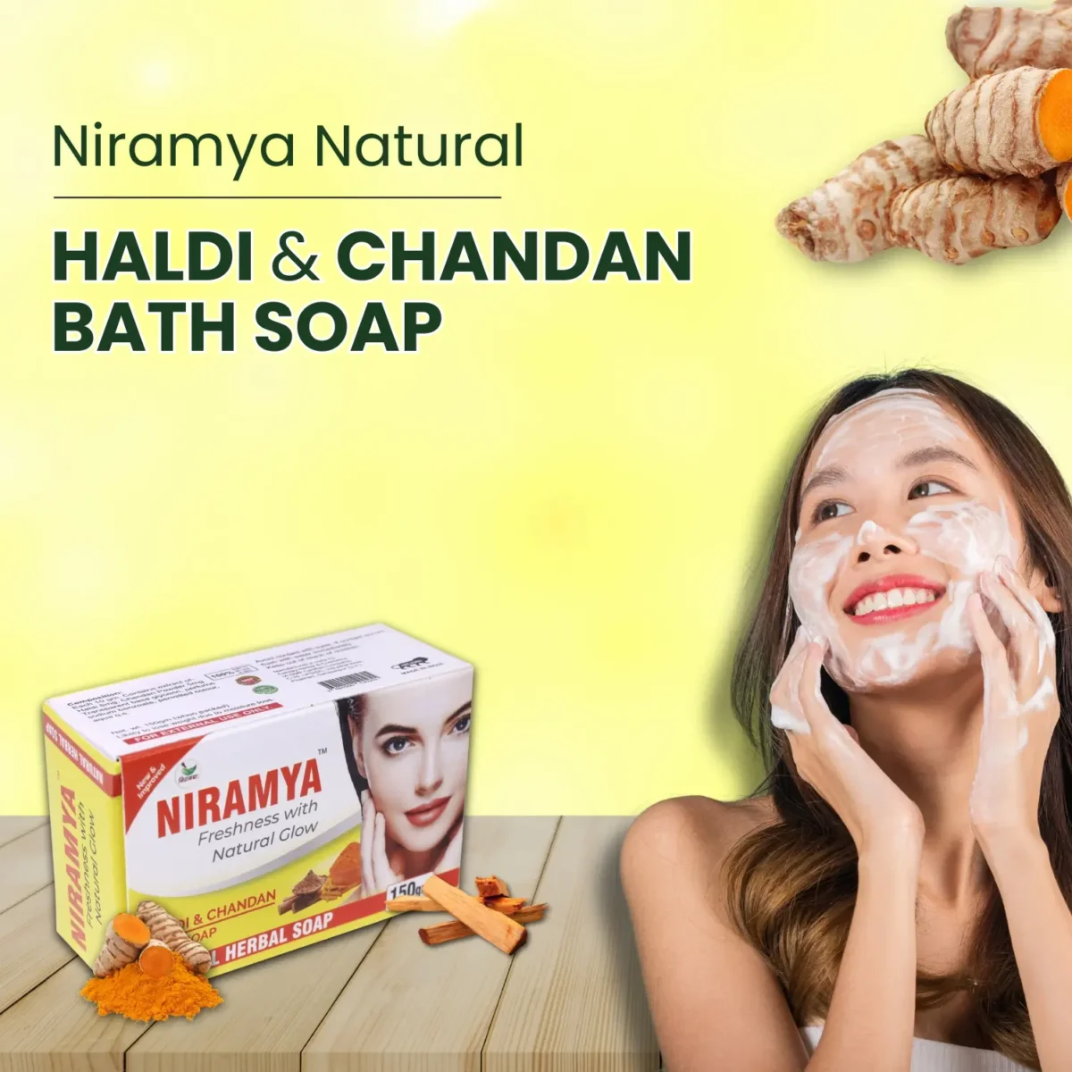 Niramya-Herbal-Haldi-and-Chandan-Natural-Bath-Soap-1 Niramya Herbal Haldi and Chandan Natural Bath Soap - Image 2