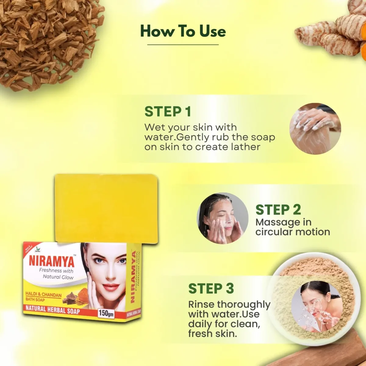 Niramya-Herbal-Haldi-and-Chandan-Natural-Bath-Soap-3 Niramya Herbal Haldi and Chandan Natural Bath Soap - Image 4