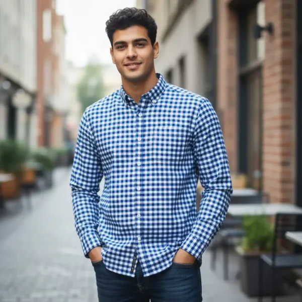 Desi Khadi Menโs Blue Check Handwoven Cotton Shirt