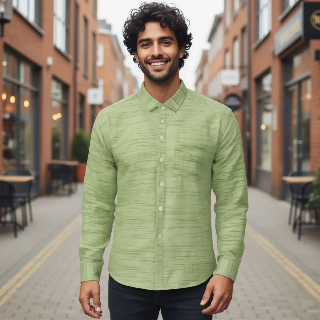 Desi Khadi Men’s Light Green Slub Handwoven Cotton Shirt