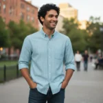 Desi Khadi Menโs Light blue pinstripe Handwoven Cotton Shirt