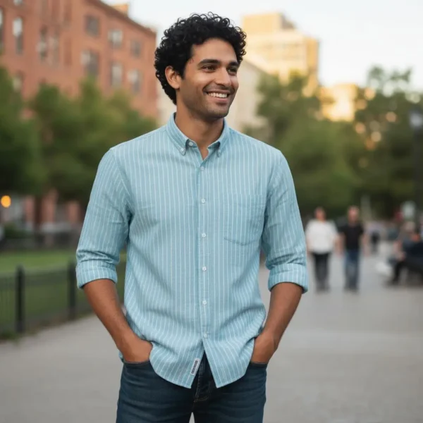 Desi Khadi Menโs Light blue pinstripe Handwoven Cotton Shirt