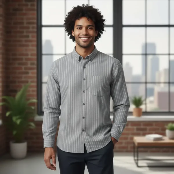 Desi Khadi Menβs Light gray pinstripe Handwoven Cotton Shirt