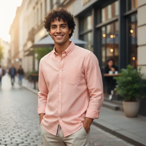 Desi Khadi Menβs Light peach pinstripe Handwoven Cotton Shirt