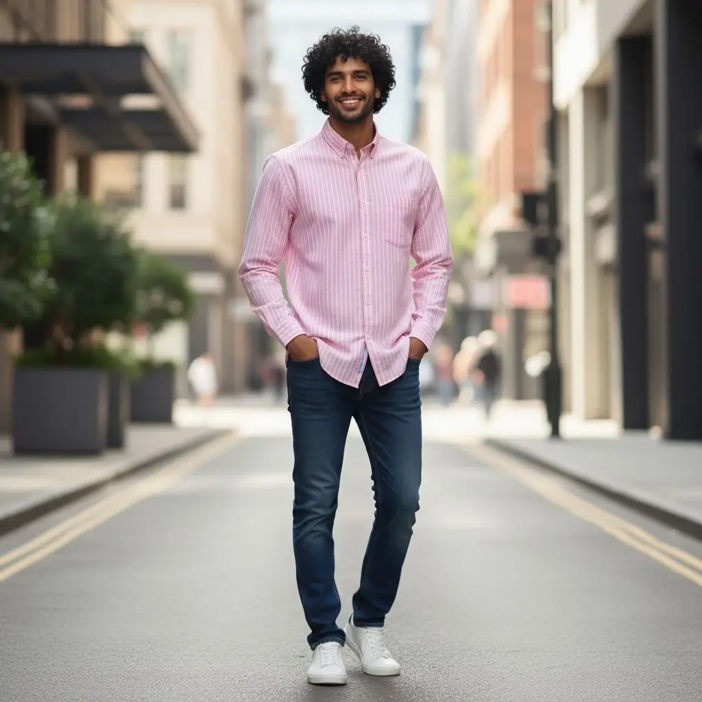 Desi Khadi Men’s Light pink pinstripe Handwoven Cotton Shirt