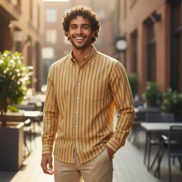 Desi Khadi Menβs Mustard stripe shirt Handwoven Cotton Shirt