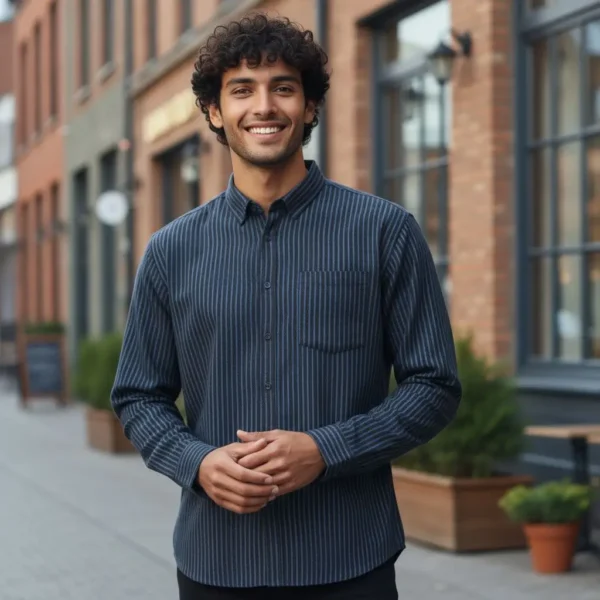 Desi Khadi Men’s Navy Blue Handwoven Cotton Shirt