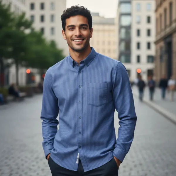 Desi Khadi Menโs Navy pinstripe Handwoven Cotton Shirt