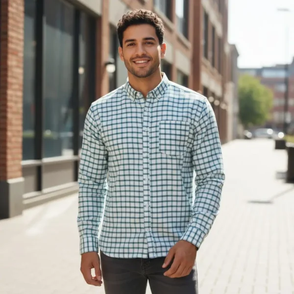 Desi Khadi Menβs Teal check shirt Handwoven Cotton Shirt