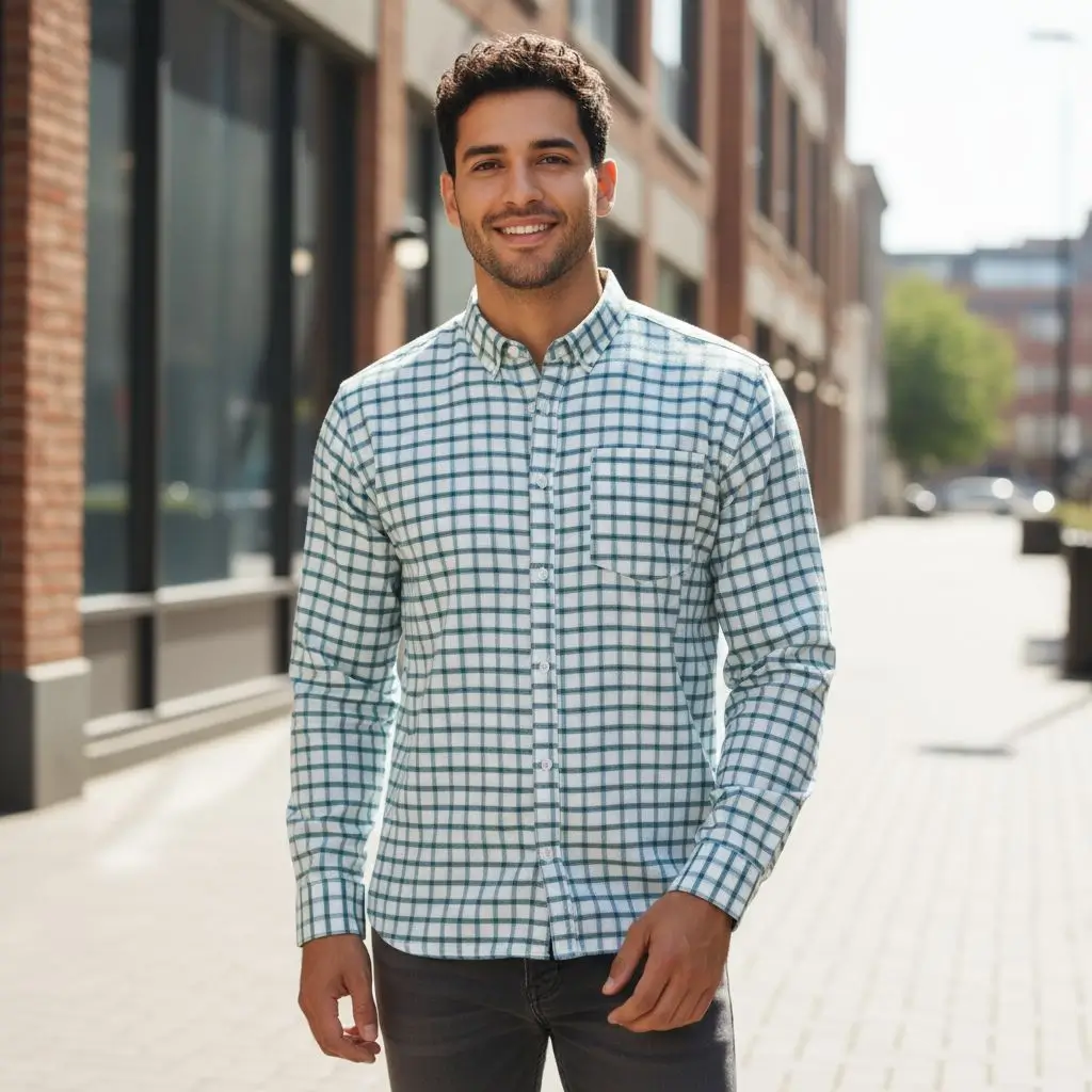 Desi Khadi Men’s Teal check shirt Handwoven Cotton Shirt