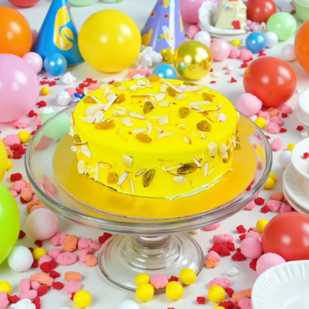 Kesar Pista Cake Saffron-Infused Yellow Sponge with Slivered Almonds, Pistachios & Raisins