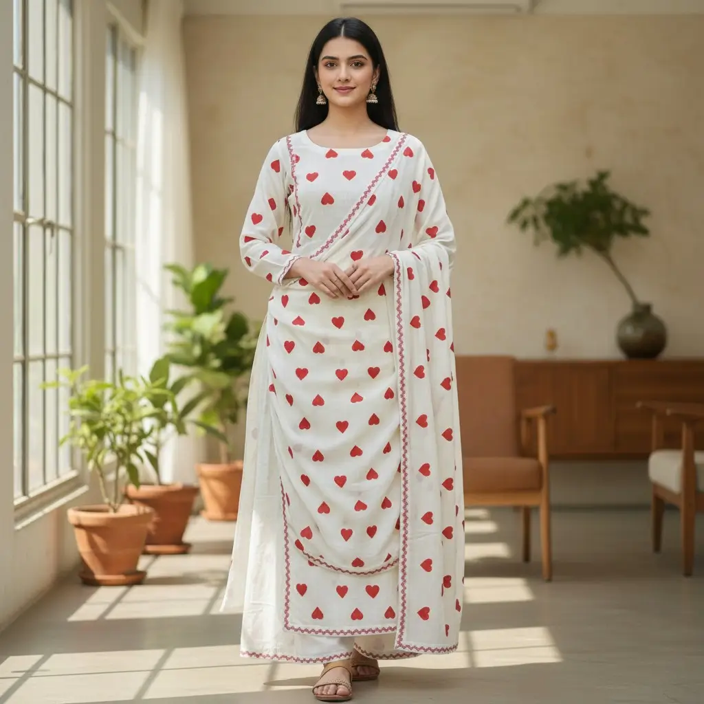 Sonika Signature White Khadi Cotton Suit with Red Heart Embroidery Sonika Signature White Khadi Cotton Suit with Red Heart Embroidery