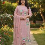 Sonika Signature Baby Pink Cotton Organza Suit with Heavy Jute & Embroidery Handwork Dupatta
