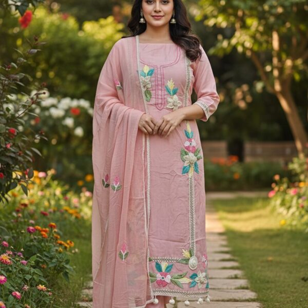 Sonika Signature Baby Pink Cotton Organza Suit with Heavy Jute & Embroidery Handwork Dupatta