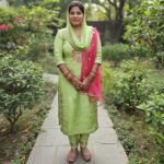 Hand-Embroidered Green Silk Suit with Pink Dupatta