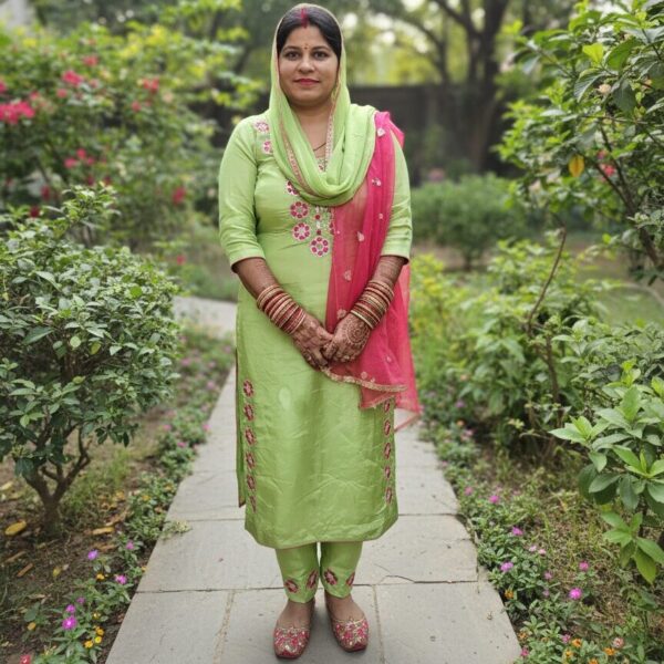 Hand-Embroidered Green Silk Suit with Pink Dupatta