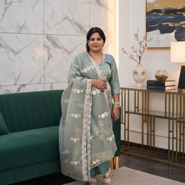 Festive Shimmer Handwork & Machine Work Salwar Suit Set with Santoon Rayon Bottom & Shimmer Dupatta by Sonika Signature for Celebration Glow