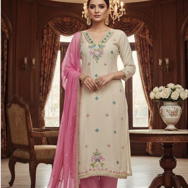 Pure Organza Silk Salwar Suit with Mirror & Thread Work