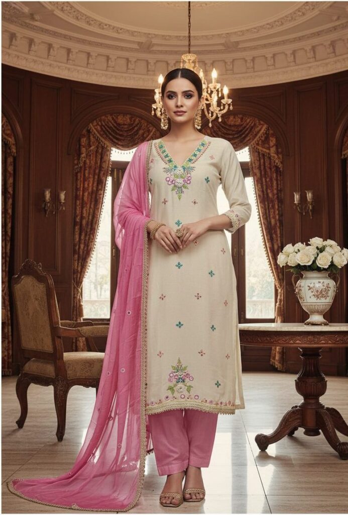 Pure Organza Silk Salwar Suit with Mirror & Thread Work - Front View by Sonika Signature on Nari Haat, Indian ethnic ...