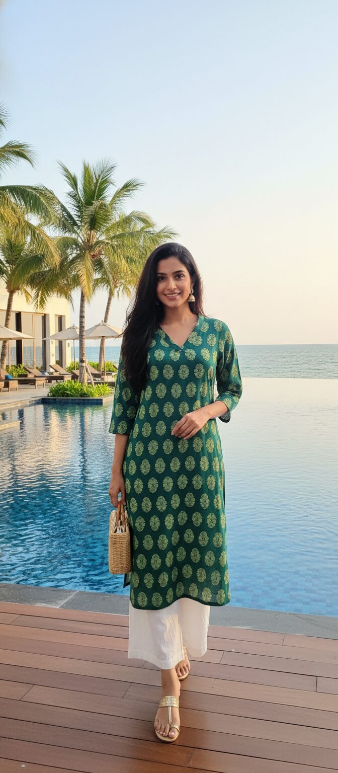 enhanced-image Modern Green Rayon Kurti with Pista Green Print - Stylish & Comfortable by Gogi Collections - Image 1