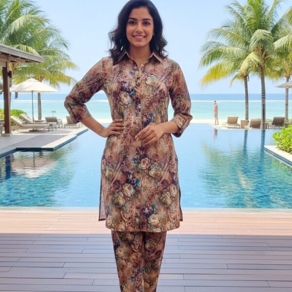 Fiona Fabric Cord Set by Gogi Collection: Dark Brown Flower Print Customised Ethnic Co-Ord Set with Comfort Fit for Festive Wear