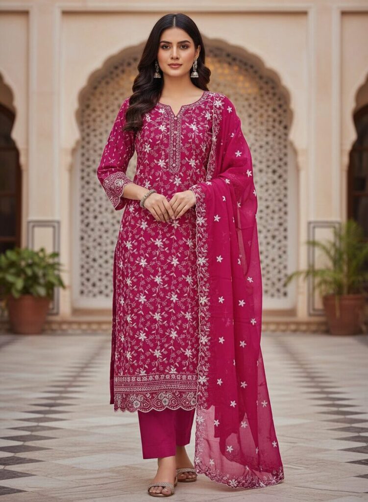 Elegant Pure Georgette Lakhnavi Suit - Front View by Sonika Signature on Nari Haat, Indian ethnic wear, women clothin...